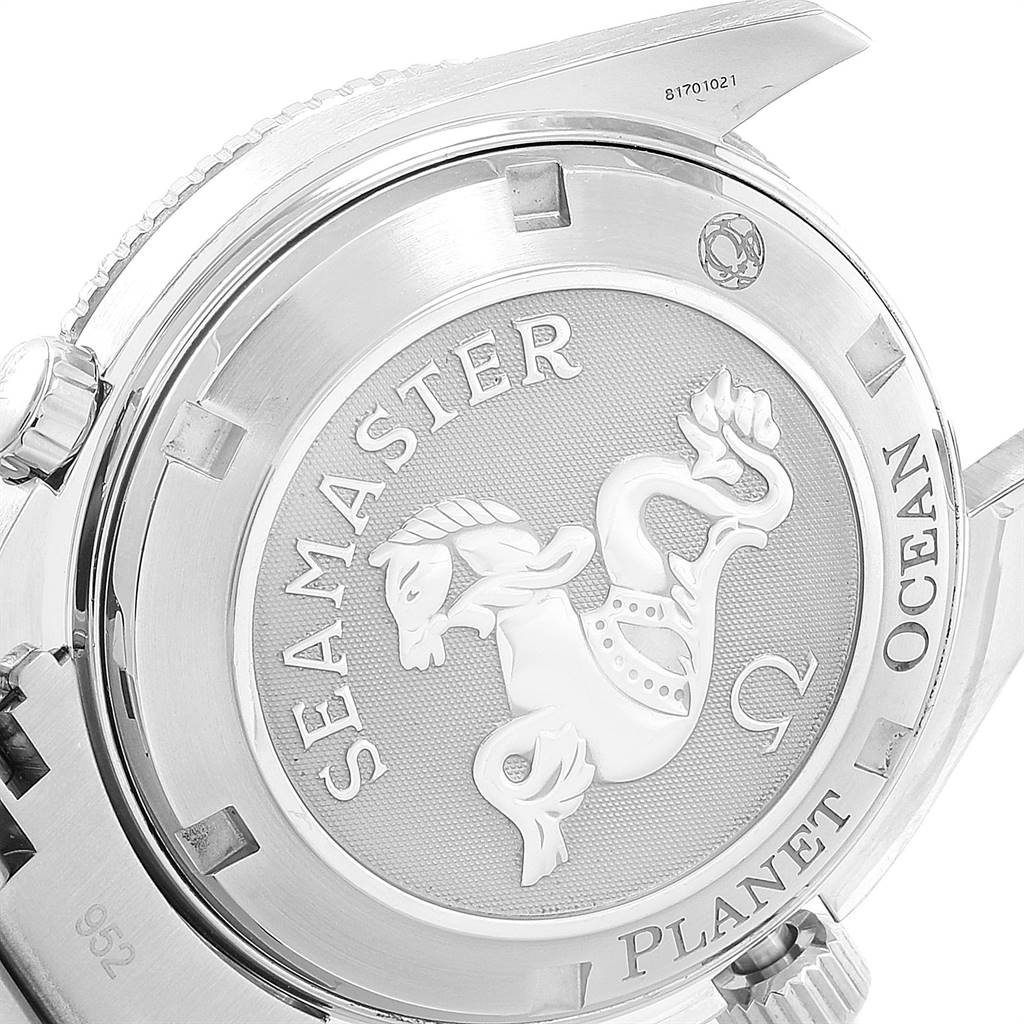 The image shows the back case of the Omega Seamaster Planet Ocean watch.