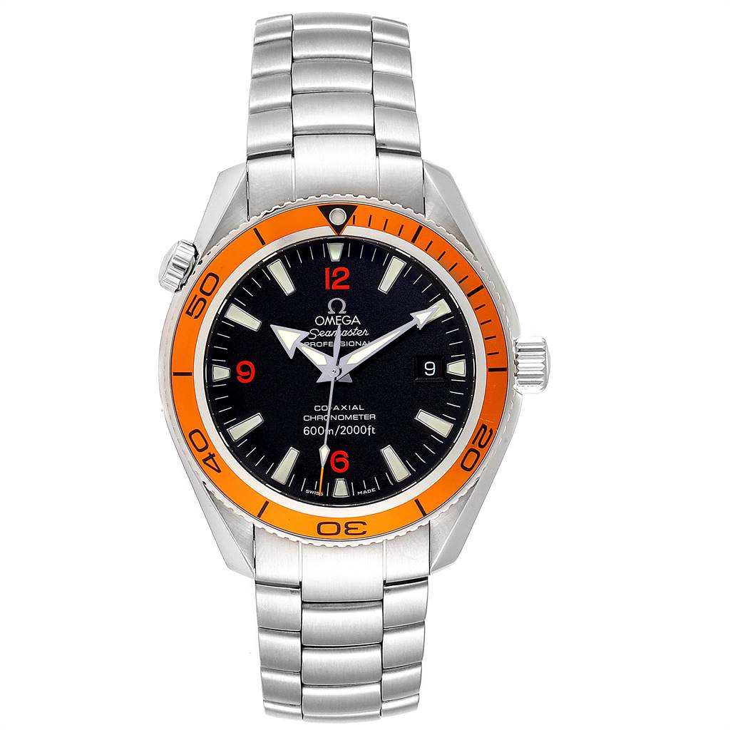 The Omega Planet Ocean 2209.50.00 Men
s Stainless Steel Black Dial 2209.50.00 Men
s Stainless Steel Black Dial watch is shown from the front, displaying its face, bezel, and metal bracelet.