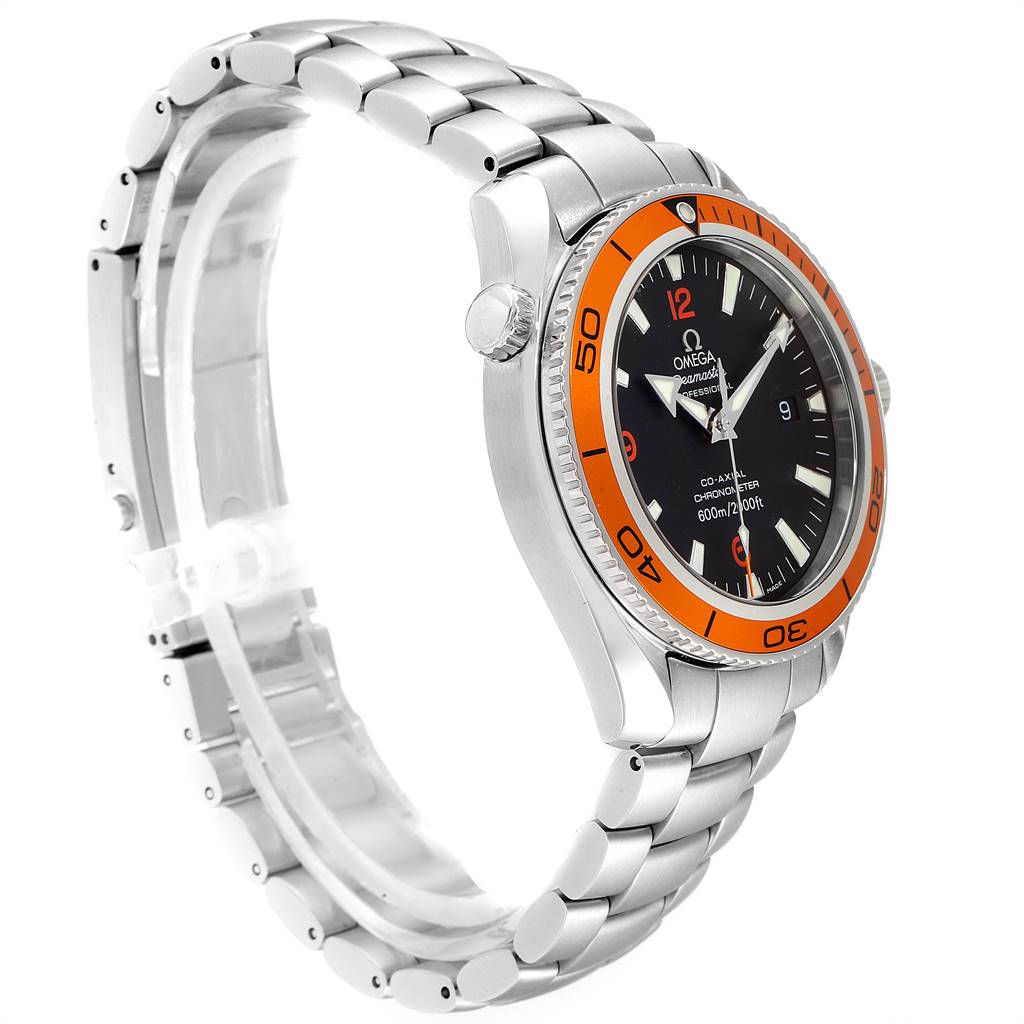 The Omega Planet Ocean 2209.50.00 Men
s Stainless Steel Black Dial 2209.50.00 Men
s Stainless Steel Black Dial watch is shown at a side angle, highlighting its stainless steel bracelet, orange bezel, and black dial.