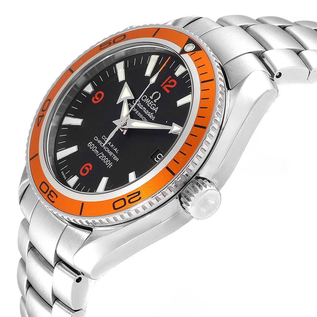 The image shows an angled view of an Omega Planet Ocean 2209.50.00 Men
s Stainless Steel Black Dial 2209.50.00 Men
s Stainless Steel Black Dial watch, featuring the bezel, dial, crown, and bracelet.