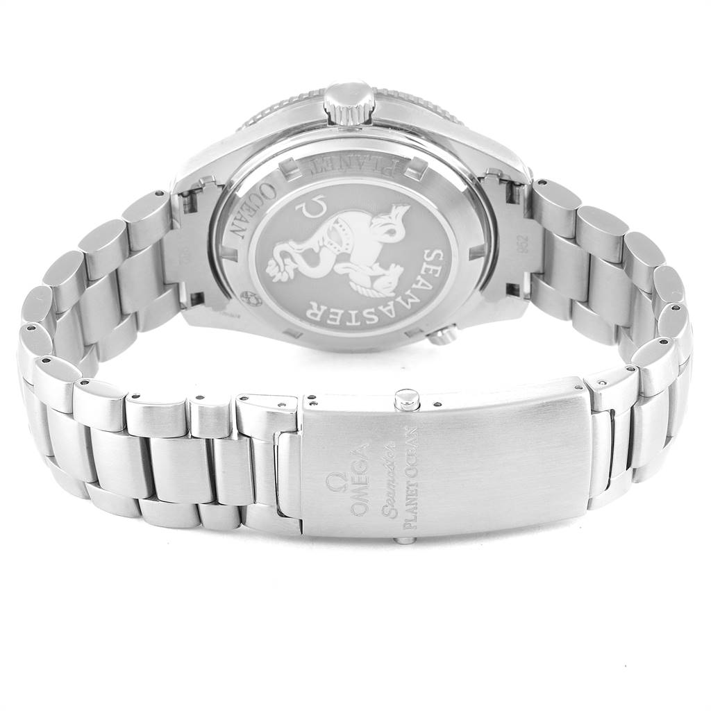The image shows the back and bracelet clasp of an Omega Seamaster Planet Ocean watch.