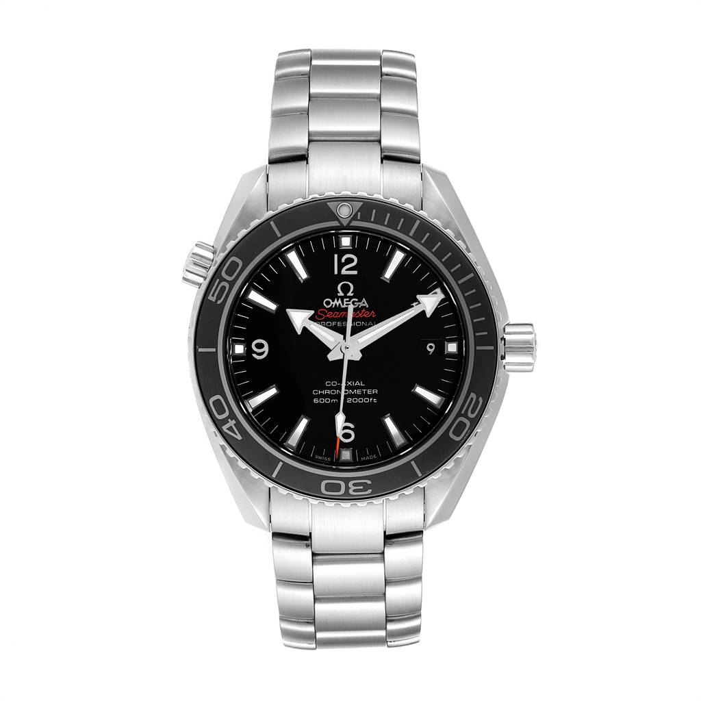 The image shows a front view of the Omega Planet Ocean 232.30.42.21.01.003 Men
s Stainless Steel Black Dial 232.30.42.21.01.003 Men
s Stainless Steel Black Dial model watch, displaying the dial, bezel, and part of the metal bracelet.