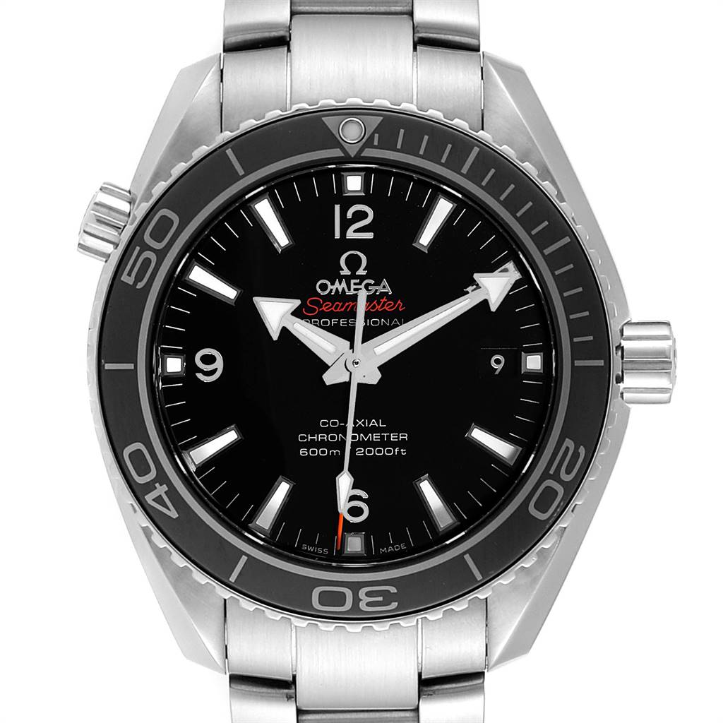This image shows a front view of the Omega Planet Ocean 232.30.42.21.01.003 Men
s Stainless Steel Black Dial 232.30.42.21.01.003 Men
s Stainless Steel Black Dial watch, highlighting the dial, bezel, and part of the bracelet.