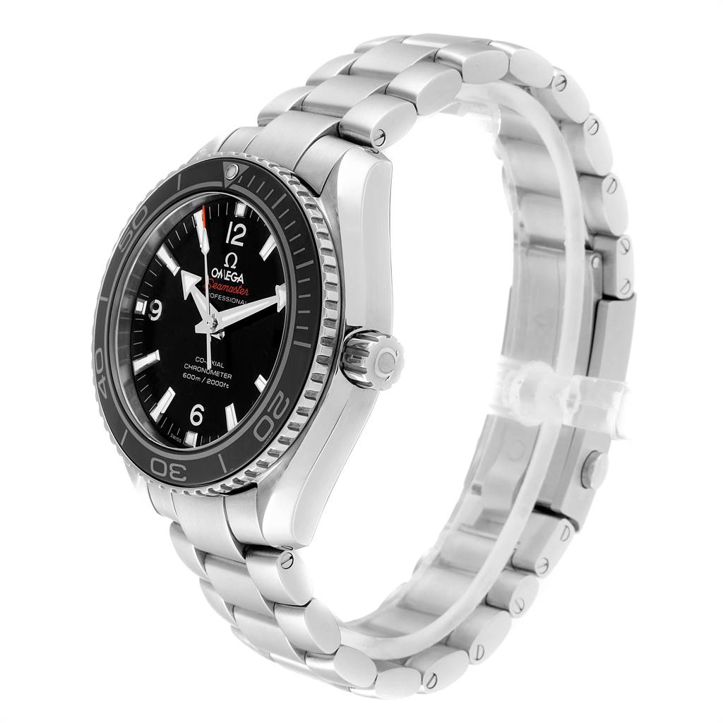 The image shows an Omega Planet Ocean 232.30.42.21.01.003 Men
s Stainless Steel Black Dial 232.30.42.21.01.003 Men
s Stainless Steel Black Dial watch angled from the front-right, highlighting the case, dial, bezel, and bracelet.