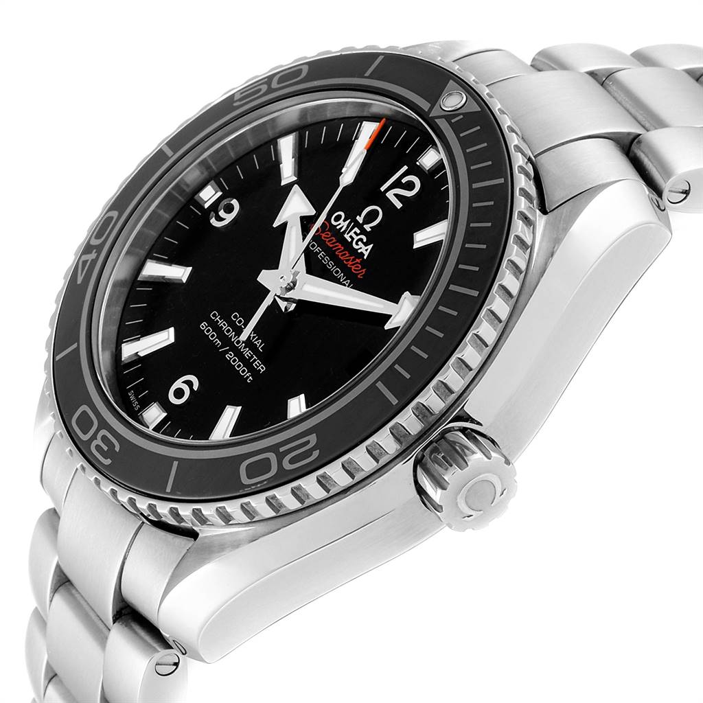 This is a side angle of the Omega Planet Ocean 232.30.42.21.01.003 Men
s Stainless Steel Black Dial 232.30.42.21.01.003 Men
s Stainless Steel Black Dial watch showing the face, bezel, crown, and part of the bracelet.