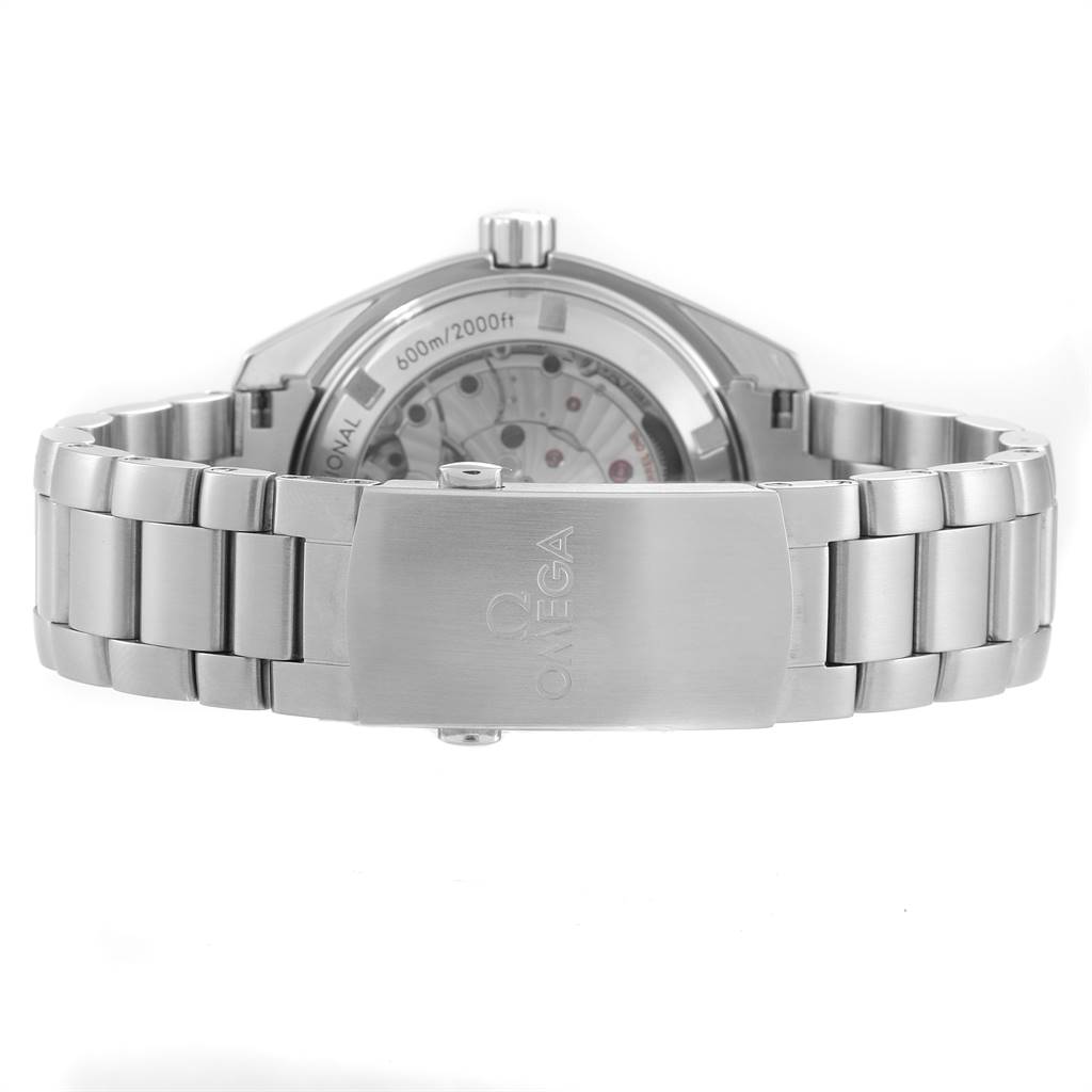 This image shows the back view of the Omega Planet Ocean 232.30.42.21.01.003 Men
s Stainless Steel Black Dial 232.30.42.21.01.003 Men
s Stainless Steel Black Dial watch, highlighting its metal bracelet and clasp.