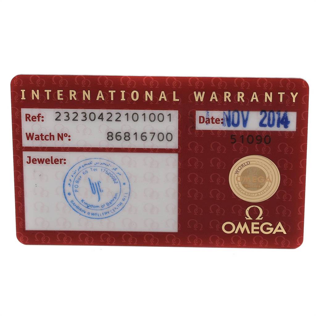 This image shows the international warranty card for the Omega Planet Ocean 232.30.42.21.01.003 Men
s Stainless Steel Black Dial 232.30.42.21.01.003 Men
s Stainless Steel Black Dial model watch.