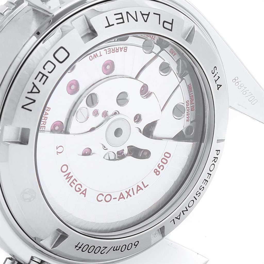 The image shows the rear view of the Omega Planet Ocean 232.30.42.21.01.003 Men
s Stainless Steel Black Dial 232.30.42.21.01.003 Men
s Stainless Steel Black Dial watch, highlighting its exposed automatic movement.