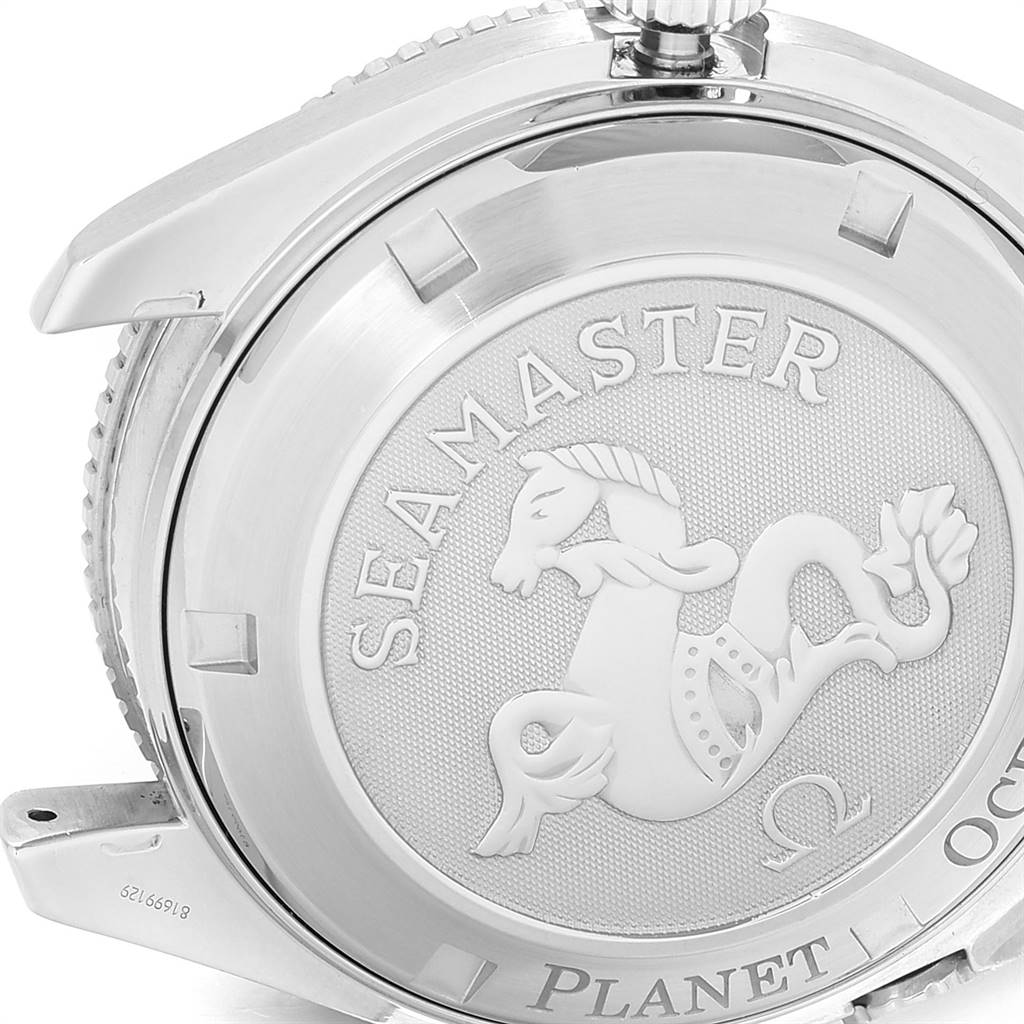 The image shows the case back of an Omega Planet Ocean 2201.50.00 Men
s Stainless Steel Black Dial 2201.50.00 Men
s Stainless Steel Black Dial watch, featuring the Seamaster logo with a seahorse engraving.