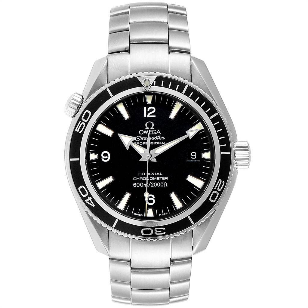 The image shows a front view of the Omega Planet Ocean 2201.50.00 Men
s Stainless Steel Black Dial 2201.50.00 Men
s Stainless Steel Black Dial watch, highlighting its dial, bezel, and bracelet.