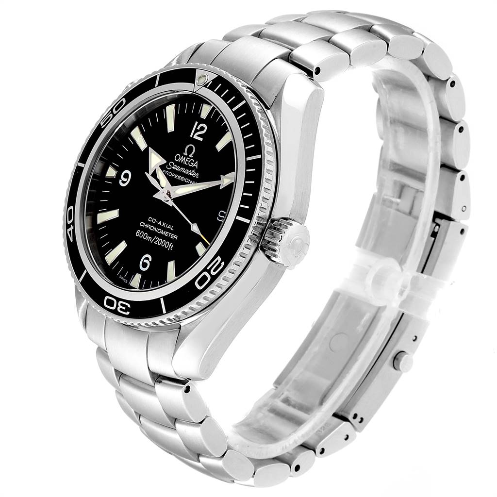 The Omega Planet Ocean 2201.50.00 Men
s Stainless Steel Black Dial 2201.50.00 Men
s Stainless Steel Black Dial watch is shown at a slight angle, highlighting the face, bezel, crown, and metal bracelet.