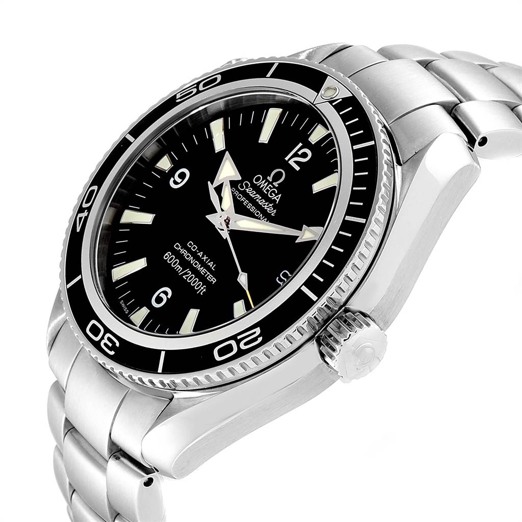 The image shows the Omega Planet Ocean 2201.50.00 Men
s Stainless Steel Black Dial 2201.50.00 Men
s Stainless Steel Black Dial watch at a 3/4 viewing angle, highlighting the face, bezel, and bracelet.