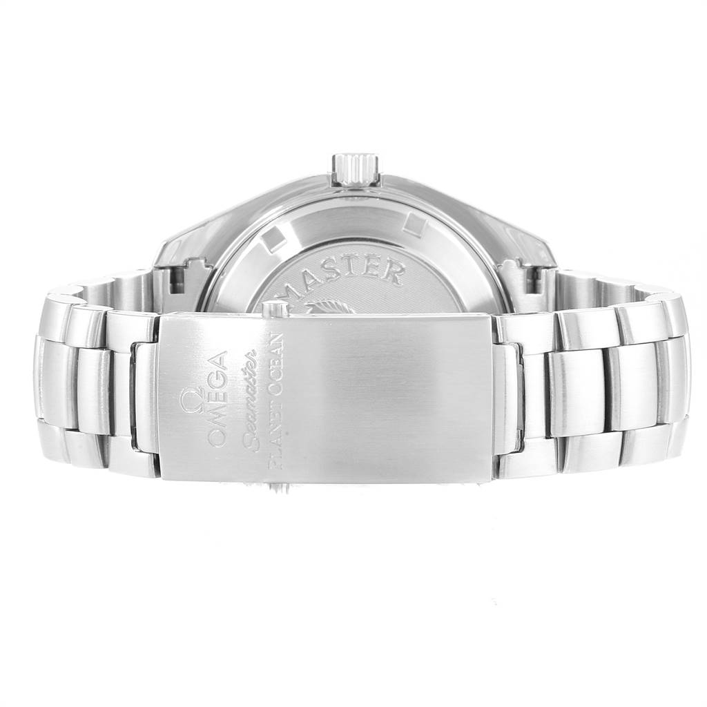 The image shows the back and clasp of an Omega Seamaster Planet Ocean watch from a rear angle.