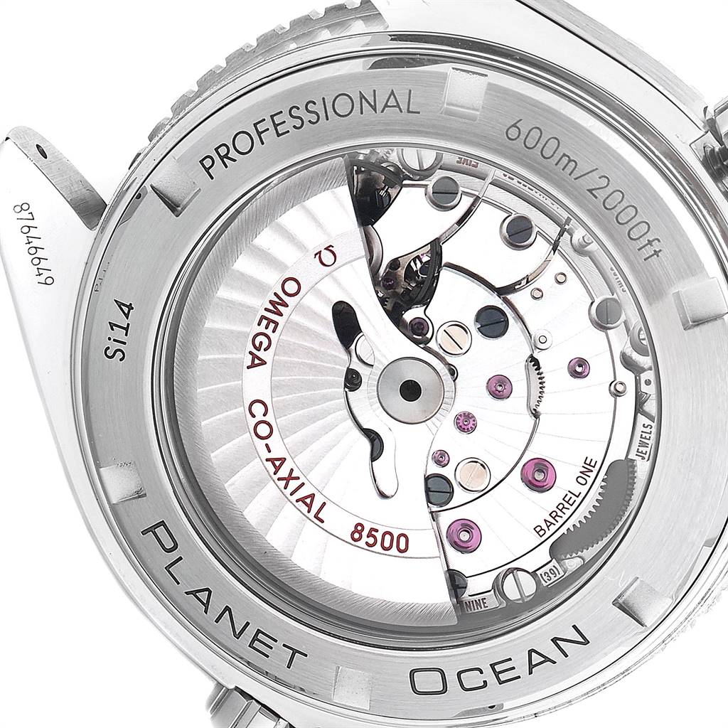 The image shows the back view of the Omega Planet Ocean 232.32.42.21.01.001 Men
s Stainless Steel Black Dial 232.32.42.21.01.001 Men
s Stainless Steel Black Dial watch, highlighting its co-axial 8500 movement.