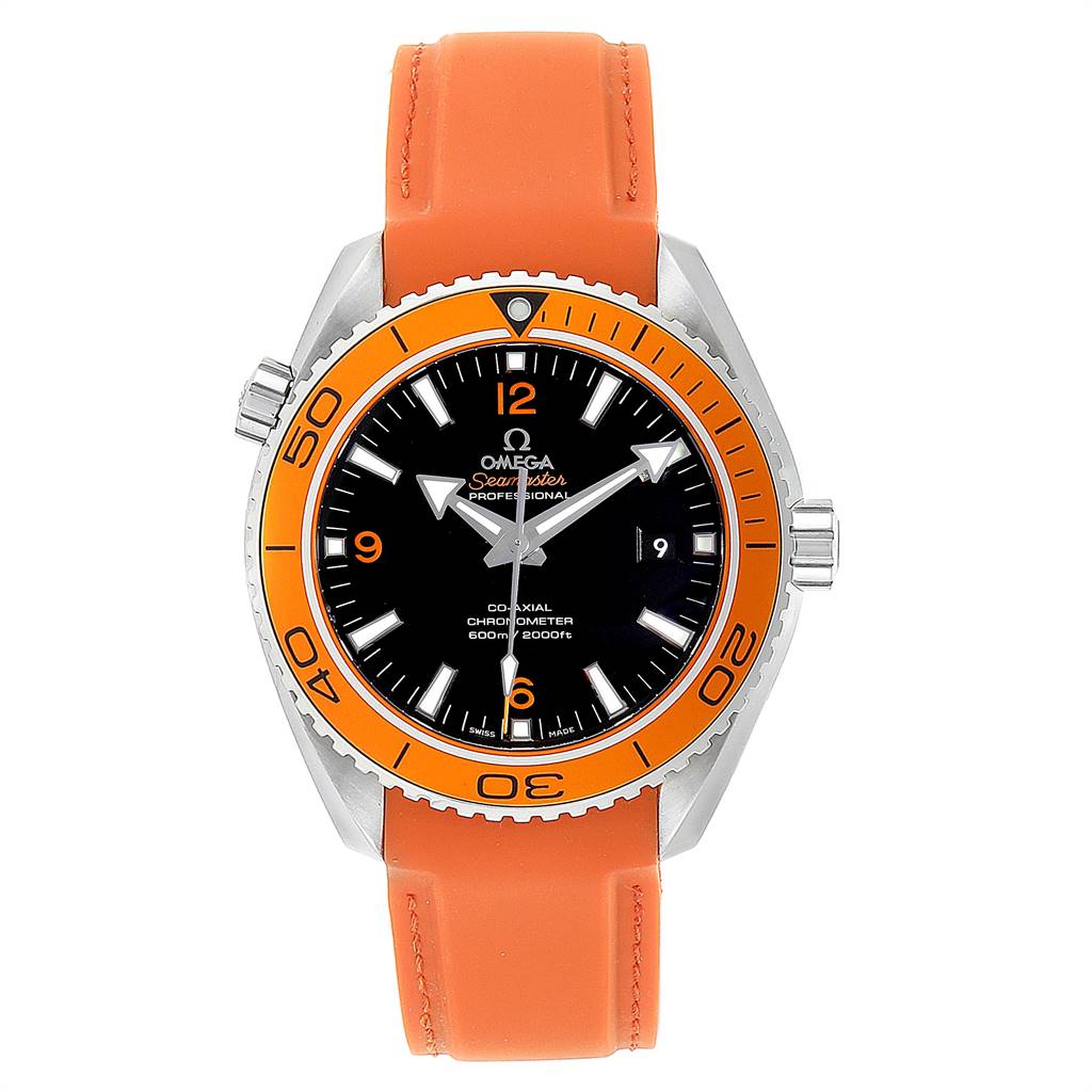 The image shows a front view of the Omega Planet Ocean 232.32.42.21.01.001 Men
s Stainless Steel Black Dial 232.32.42.21.01.001 Men
s Stainless Steel Black Dial watch featuring an orange bezel and strap.