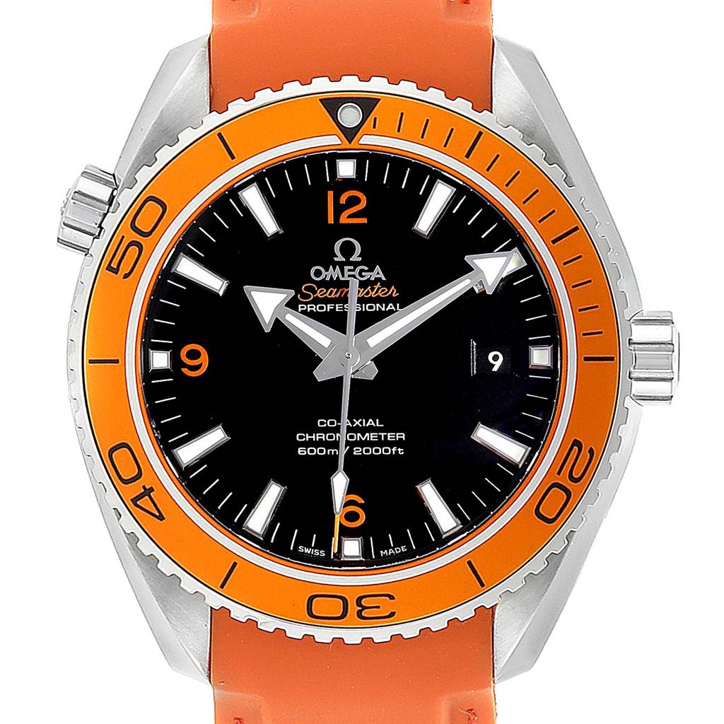 The image shows a front view of the Omega Planet Ocean 232.32.42.21.01.001 Men
s Stainless Steel Black Dial 232.32.42.21.01.001 Men
s Stainless Steel Black Dial watch with an orange bezel and strap, displaying the dial and crown.