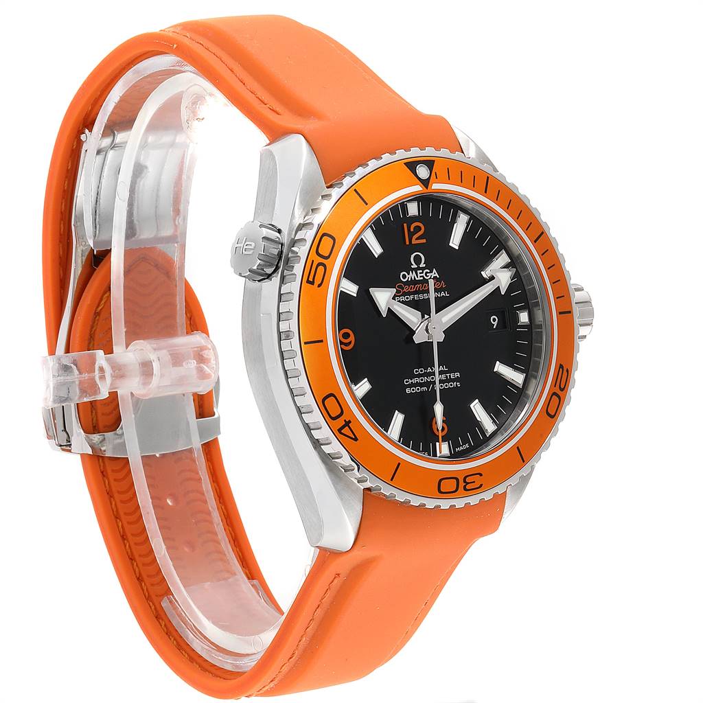 The Omega Planet Ocean 232.32.42.21.01.001 Men
s Stainless Steel Black Dial 232.32.42.21.01.001 Men
s Stainless Steel Black Dial watch is shown at a slight angle, highlighting its orange bezel and matching orange strap.