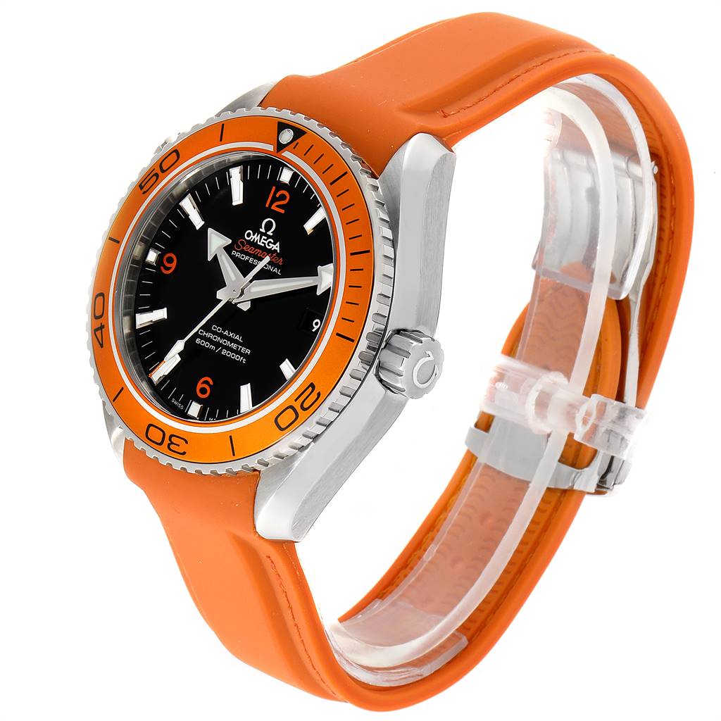 The Omega Planet Ocean 232.32.42.21.01.001 Men
s Stainless Steel Black Dial 232.32.42.21.01.001 Men
s Stainless Steel Black Dial watch is shown at an angle emphasizing its face, bezel, crown, and orange strap.