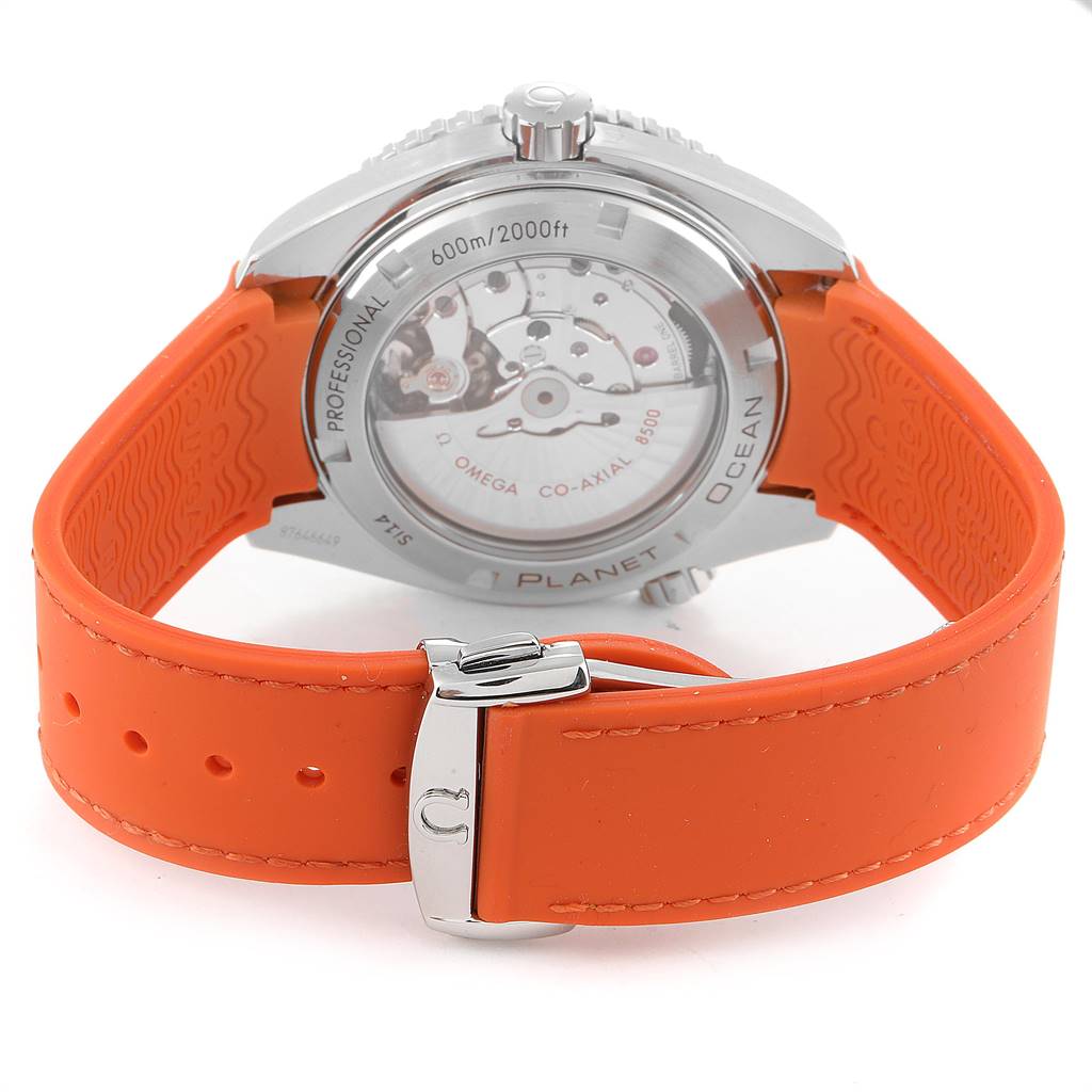 This image shows the rear view of an Omega Planet Ocean 232.32.42.21.01.001 Men
s Stainless Steel Black Dial 232.32.42.21.01.001 Men
s Stainless Steel Black Dial watch, highlighting its back casing and orange strap.