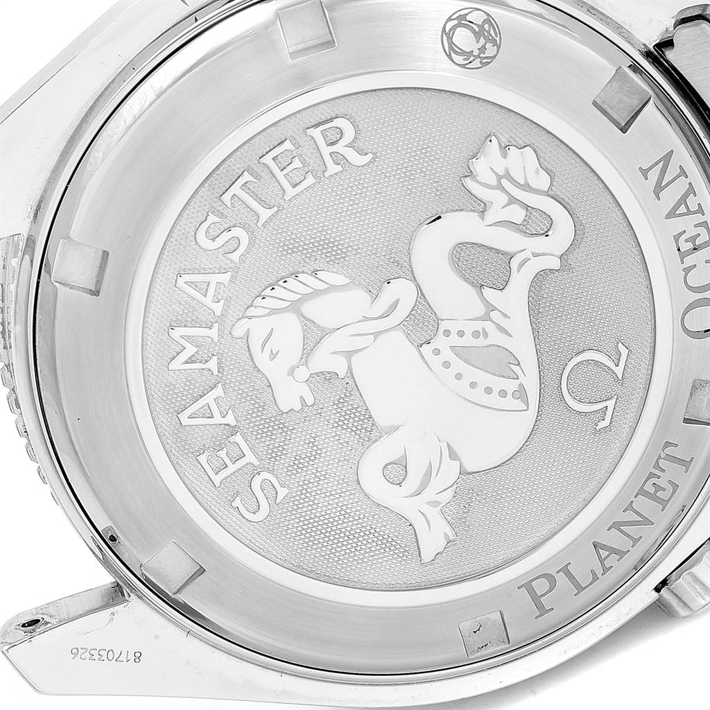 This image shows the case back of the Omega Seamaster Planet Ocean watch, highlighting its engraved design.