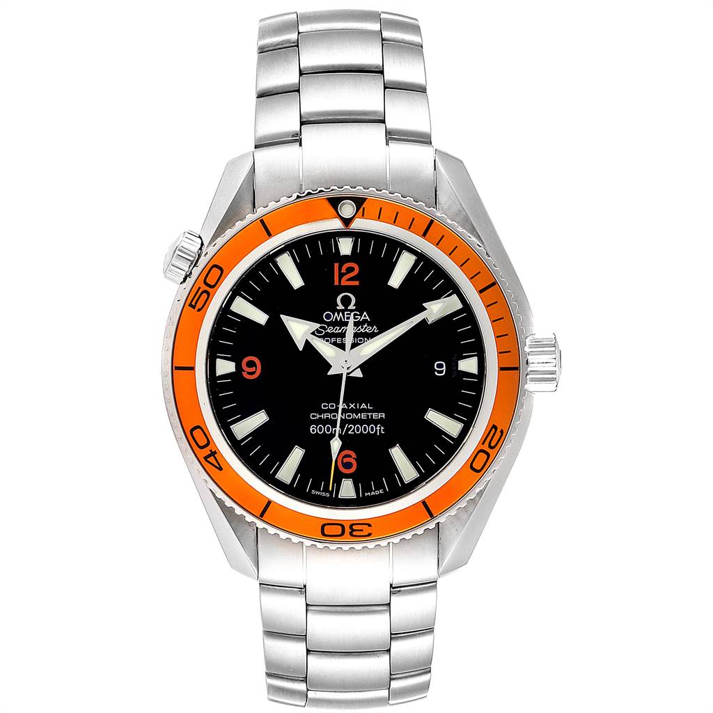 The image shows a front view of the Omega Planet Ocean 2209.50.00 Men
s Stainless Steel Black Dial 2209.50.00 Men
s Stainless Steel Black Dial watch, displaying its face, bezel, crown, and metal bracelet.