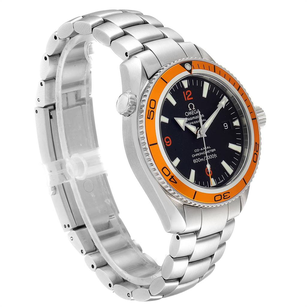 The Omega Planet Ocean 2209.50.00 Men
s Stainless Steel Black Dial 2209.50.00 Men
s Stainless Steel Black Dial watch is shown from a front angle, highlighting its bezel, dial, and stainless steel bracelet.