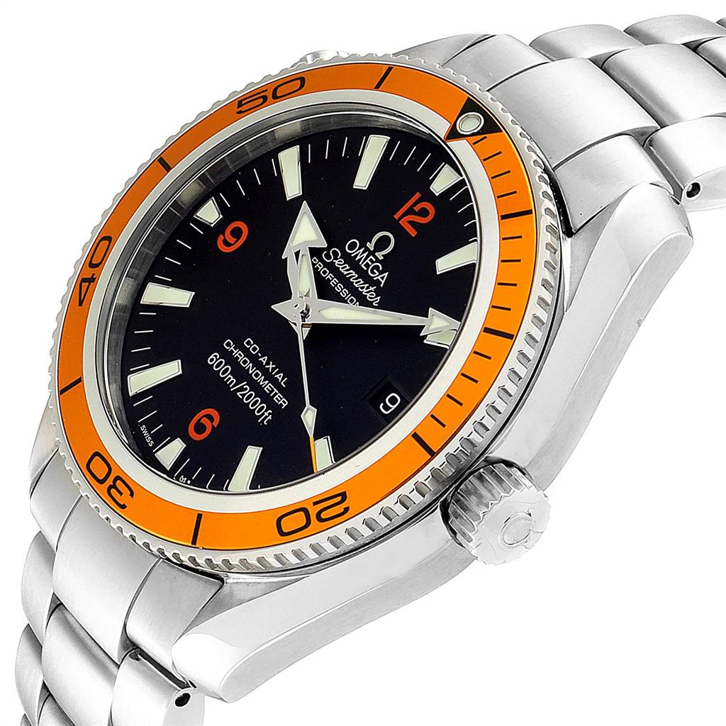 The image shows an Omega Planet Ocean 2209.50.00 Men
s Stainless Steel Black Dial 2209.50.00 Men
s Stainless Steel Black Dial watch angled slightly to display the face, bezel, and part of the bracelet.