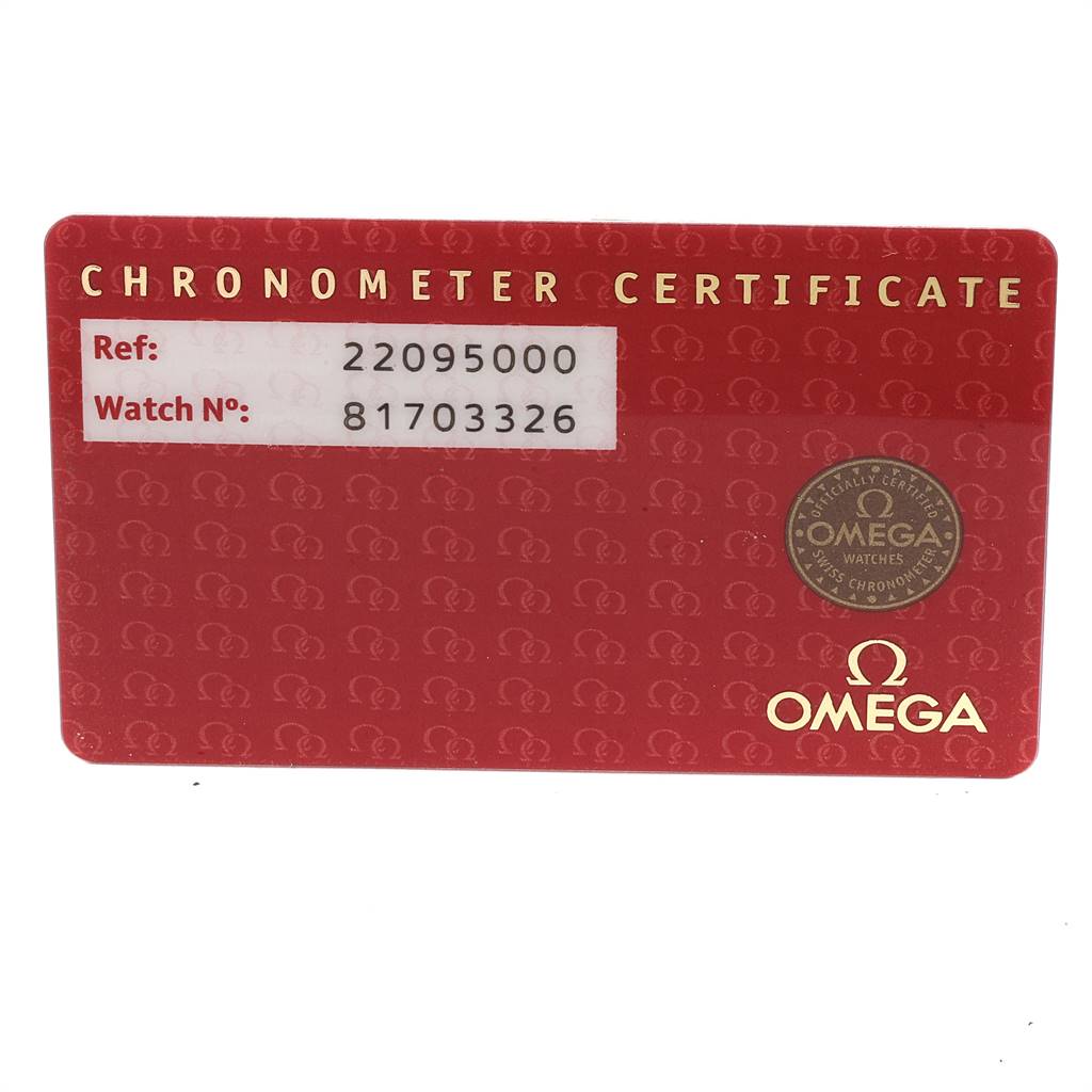 The image shows a red Chronometer Certificate card for the Omega Planet Ocean 2209.50.00 Men
s Stainless Steel Black Dial 2209.50.00 Men
s Stainless Steel Black Dial model, featuring the reference and watch numbers.