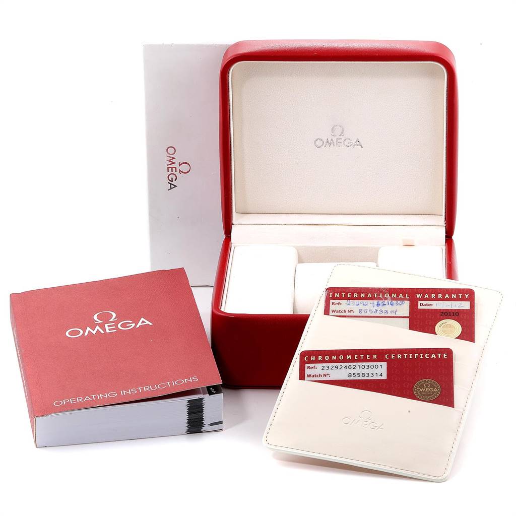 This image shows the accessories of the Omega Planet Ocean 232.92.46.21.03.001 Men's Titanium Blue Dial 232.92.46.21.03.001 Men's Titanium Blue Dial model including its box, manual, warranty, and chronometer certificate.