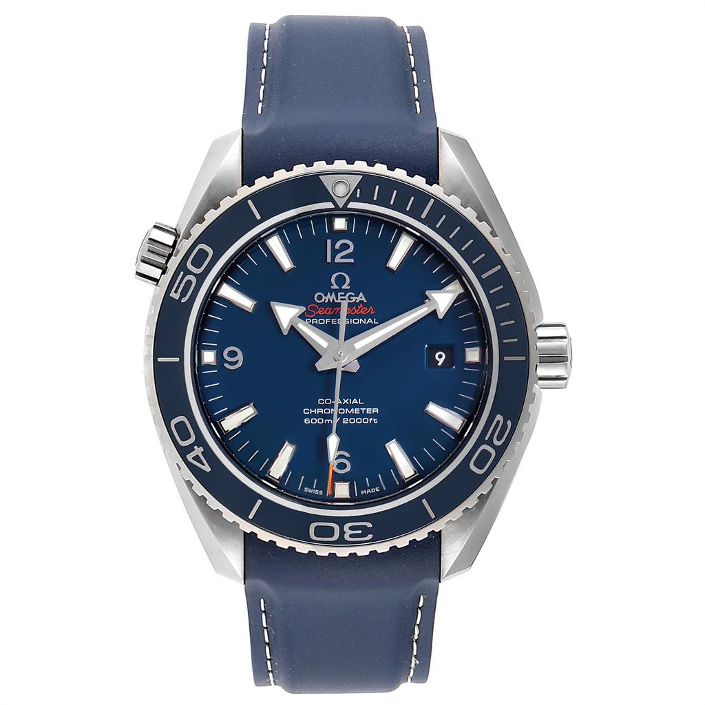 The image shows a frontal view of the Omega Planet Ocean 232.92.46.21.03.001 Men's Titanium Blue Dial 232.92.46.21.03.001 Men's Titanium Blue Dial watch, highlighting its blue dial, bezel, and strap, with crown and markers detailed.