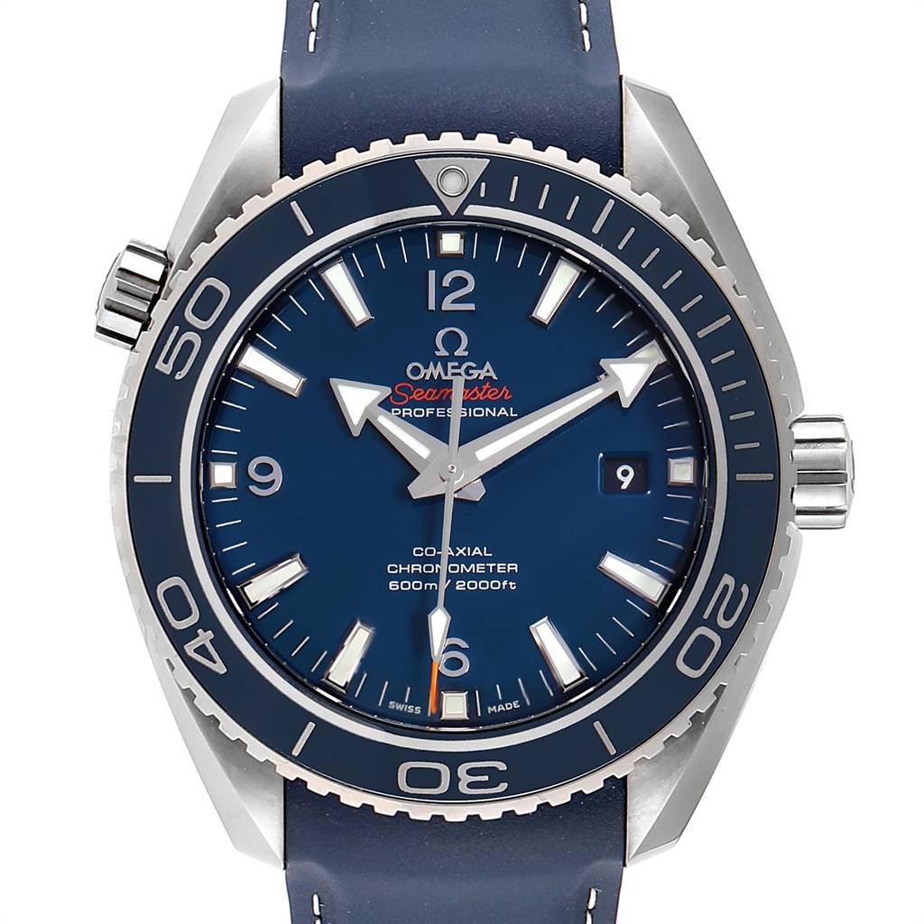 The image shows a front view of an Omega Planet Ocean 232.92.46.21.03.001 Men's Titanium Blue Dial 232.92.46.21.03.001 Men's Titanium Blue Dial watch, highlighting its blue dial, bezel, and strap.