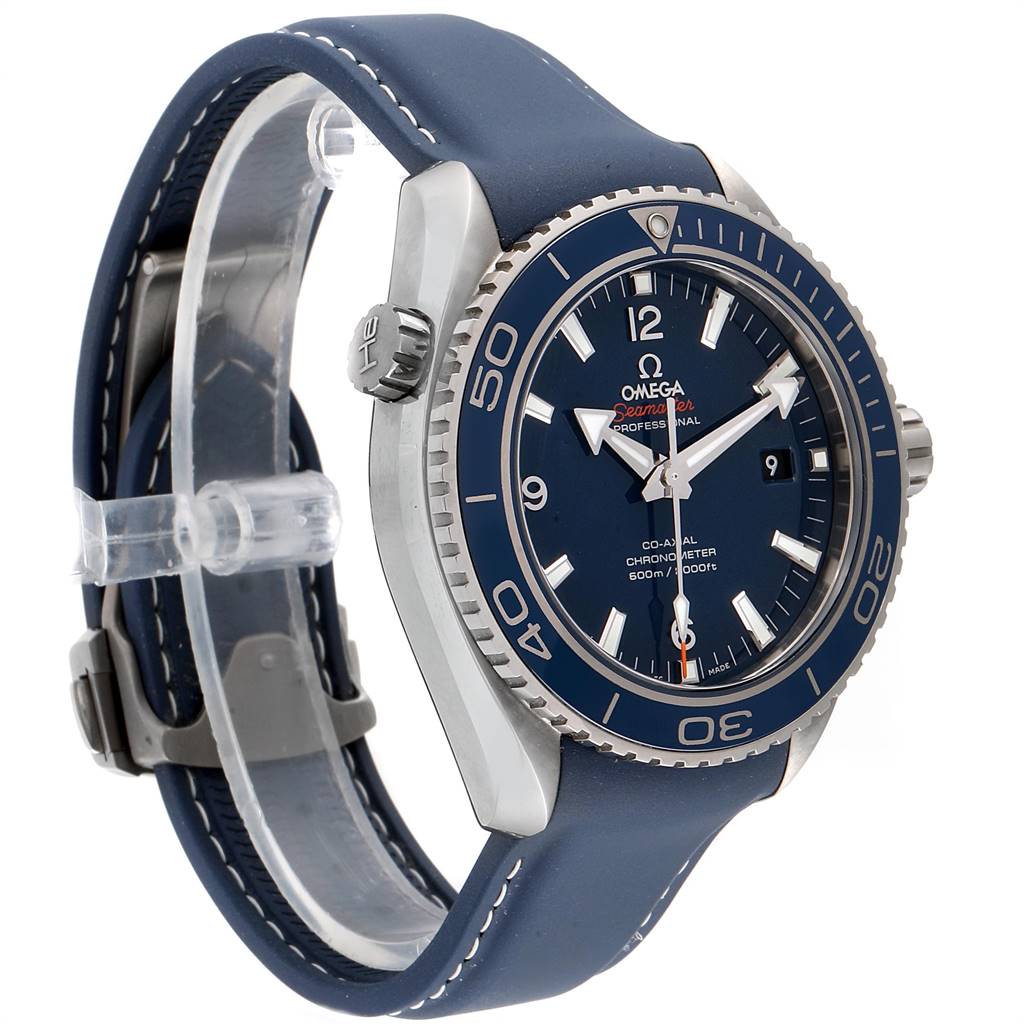 The Omega Planet Ocean 232.92.46.21.03.001 Men's Titanium Blue Dial 232.92.46.21.03.001 Men's Titanium Blue Dial watch is shown at a side angle, displaying the face, bezel, crown, and blue strap.