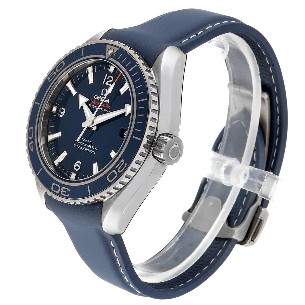 The image shows the Omega Planet Ocean 232.92.46.21.03.001 Men's Titanium Blue Dial 232.92.46.21.03.001 Men's Titanium Blue Dial watch from a side angle, highlighting the face, bezel, crown, and part of the strap.