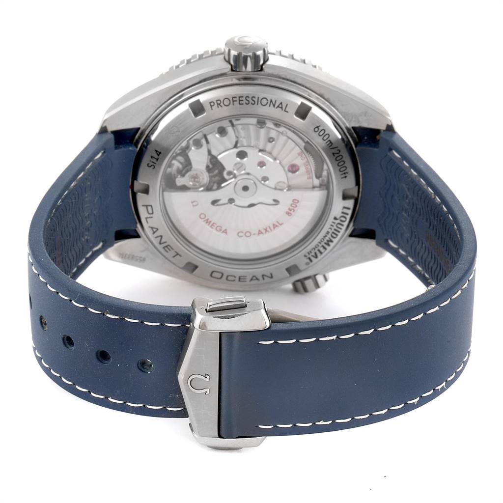 The image shows the back case and clasp of an Omega Planet Ocean 232.92.46.21.03.001 Men's Titanium Blue Dial 232.92.46.21.03.001 Men's Titanium Blue Dial watch with a blue strap.