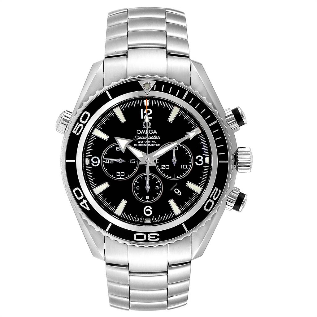 The Omega Planet Ocean 2210.50.00 Men's Stainless Steel Black Dial 2210.50.00 Men's Stainless Steel Black Dial watch is shown from the front, highlighting its black dial, chronograph subdials, rotating bezel, and stainless steel bracelet.