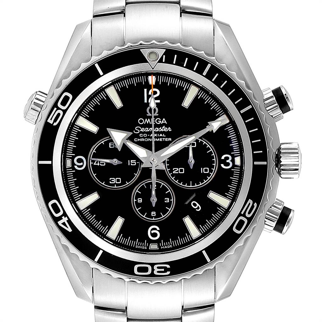The image shows a front view of the Omega Planet Ocean 2210.50.00 Men's Stainless Steel Black Dial 2210.50.00 Men's Stainless Steel Black Dial watch, highlighting the dial, case, bezel, and metal bracelet.
