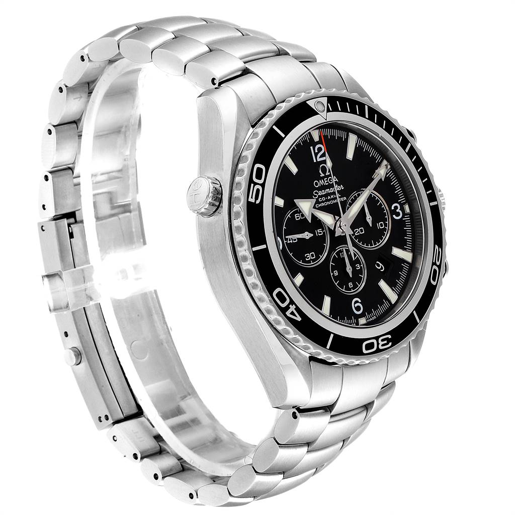 The image shows an Omega Planet Ocean 2210.50.00 Men's Stainless Steel Black Dial 2210.50.00 Men's Stainless Steel Black Dial watch from a three-quarter angle, highlighting the bezel, dial, crown, and metal bracelet.