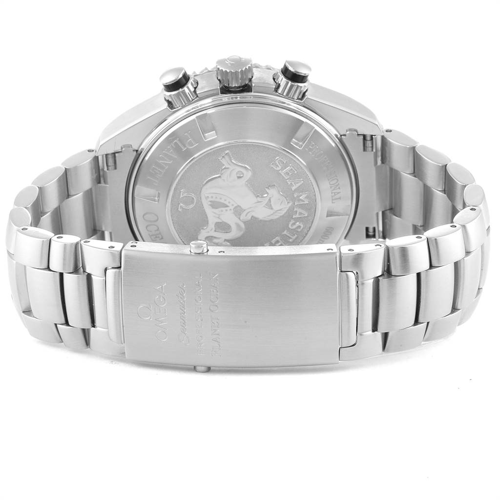 The image shows the back case and stainless steel bracelet of an Omega Planet Ocean 2210.50.00 Men's Stainless Steel Black Dial 2210.50.00 Men's Stainless Steel Black Dial watch from a rear angle.