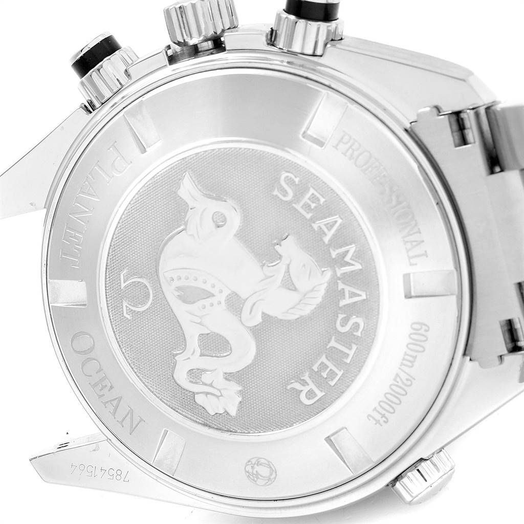 This image shows the stainless steel case back of the Omega Planet Ocean 2210.50.00 Men's Stainless Steel Black Dial 2210.50.00 Men's Stainless Steel Black Dial Seamaster, along with the crown and pushers.