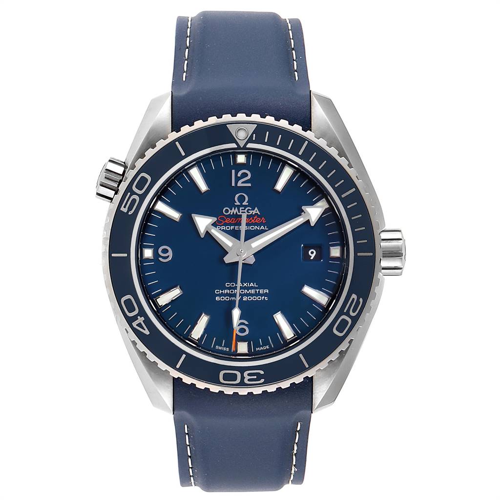 The Omega Planet Ocean 232.92.42.21.03.001 Men
s Titanium Blue Dial 232.92.42.21.03.001 Men
s Titanium Blue Dial watch is shown from a front angle, displaying the dial, bezel, hands, and strap.