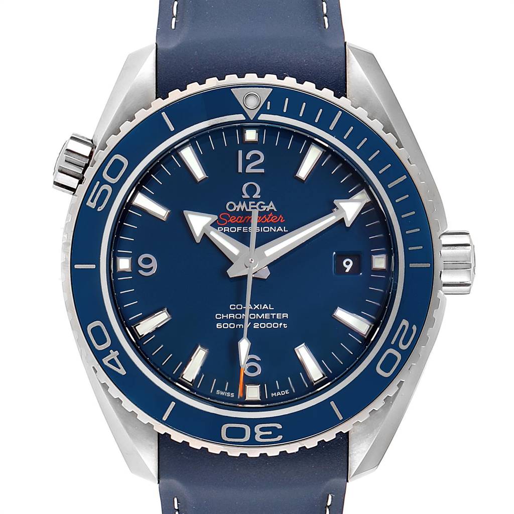 The image shows a front angle of the Omega Planet Ocean 232.92.42.21.03.001 Men
s Titanium Blue Dial 232.92.42.21.03.001 Men
s Titanium Blue Dial Seamaster watch with a blue dial and bezel.