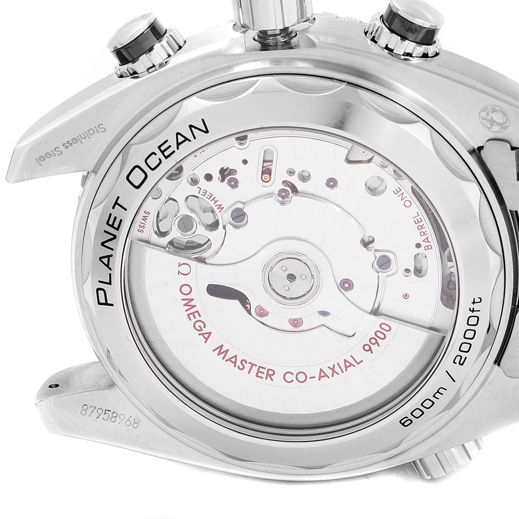 The image shows the back of the Omega Planet Ocean 215.30.46.51.01.001 Men
s Stainless Steel Black Dial 215.30.46.51.01.001 Men
s Stainless Steel Black Dial watch, highlighting the movement and the "600m / 2000ft" depth rating.