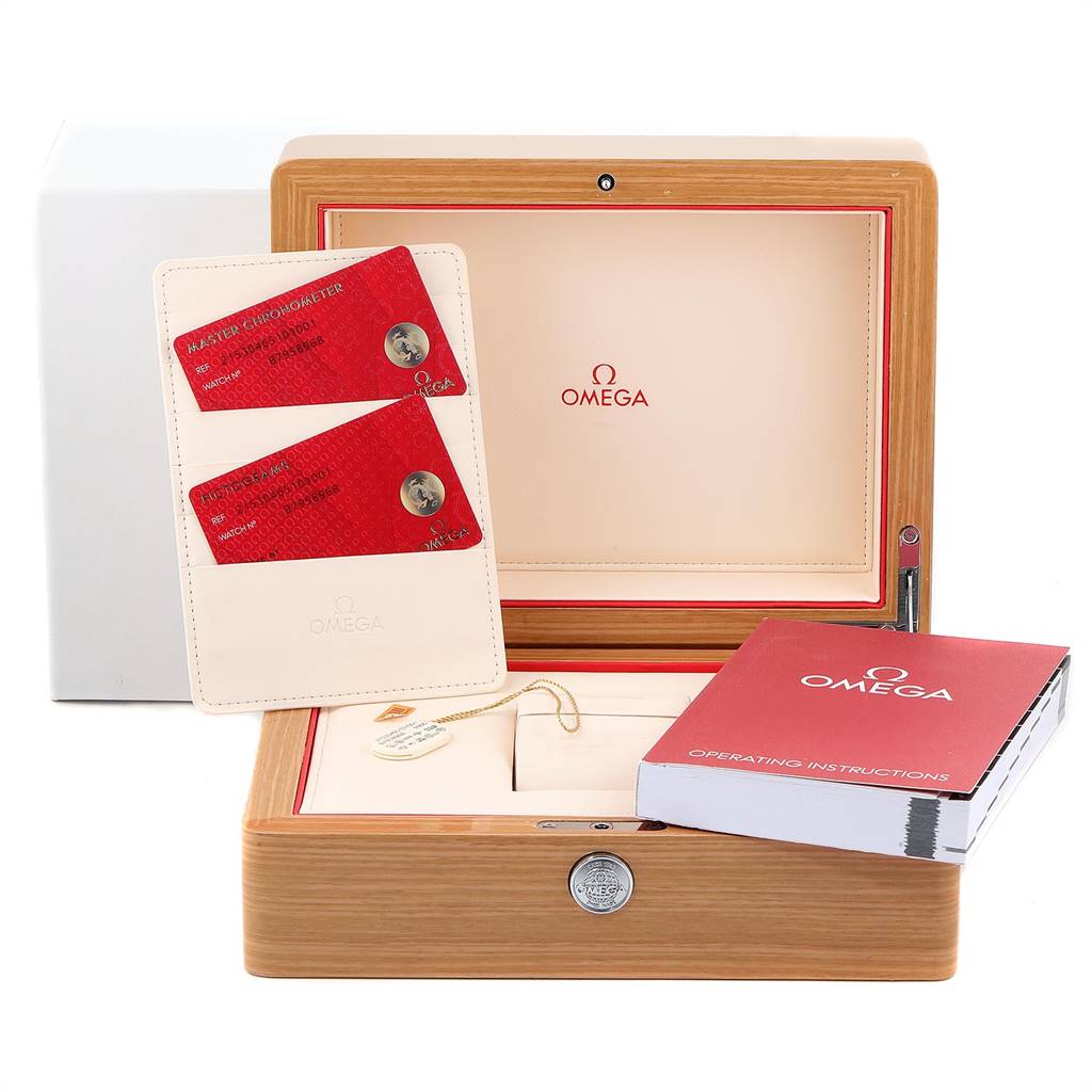 This image shows the packaging, cards, and manual for an Omega Planet Ocean 215.30.46.51.01.001 Men
s Stainless Steel Black Dial 215.30.46.51.01.001 Men
s Stainless Steel Black Dial watch.