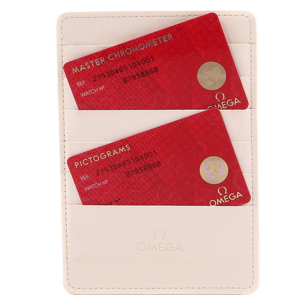 The image shows Best Quality
ity and pictogram cards for the Omega Planet Ocean 215.30.46.51.01.001 Men
s Stainless Steel Black Dial 215.30.46.51.01.001 Men
s Stainless Steel Black Dial model, placed in a white cardholder.