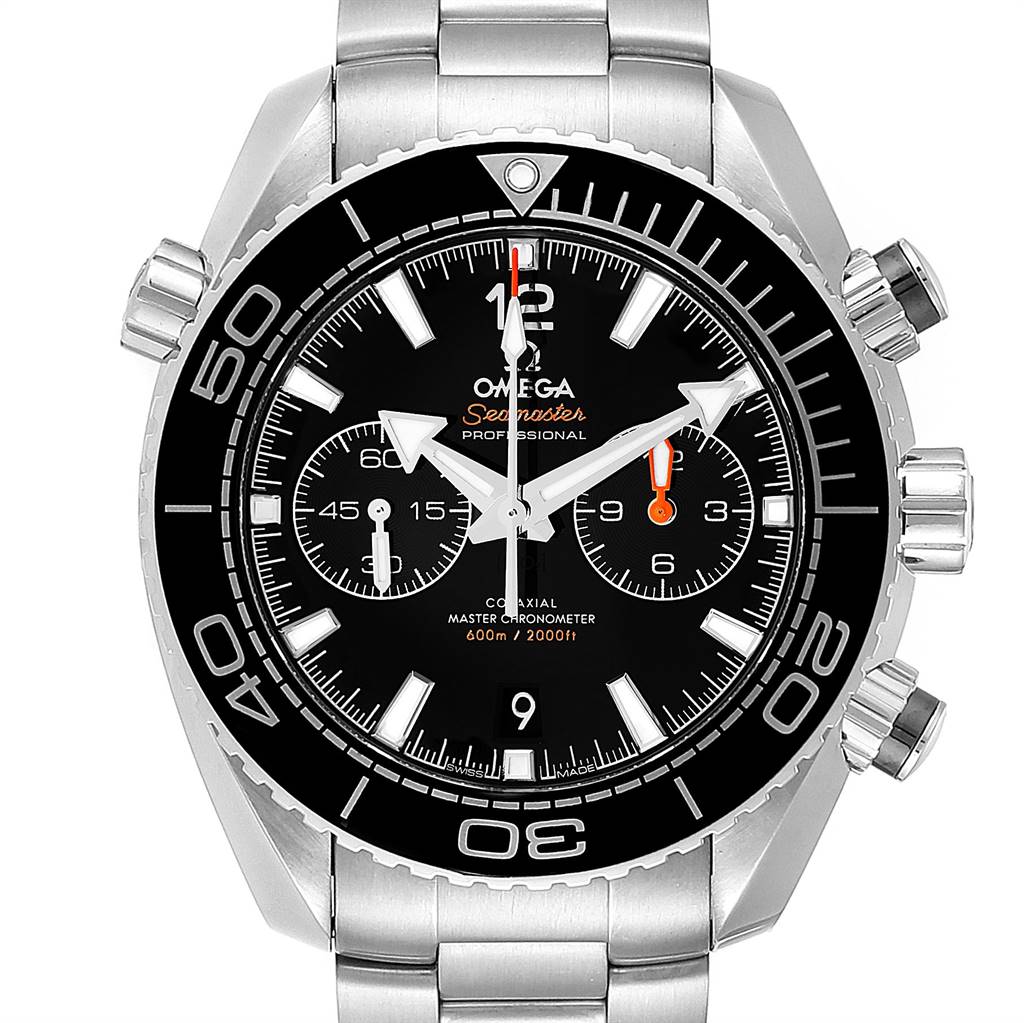This image shows the Omega Planet Ocean 215.30.46.51.01.001 Men
s Stainless Steel Black Dial 215.30.46.51.01.001 Men
s Stainless Steel Black Dial watch from a front angle, highlighting the dial, bezel, hands, and chronograph sub-dials.