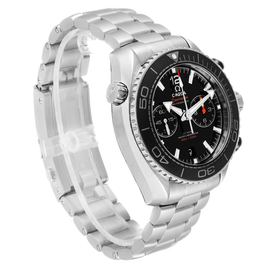 The image shows an Omega Planet Ocean 215.30.46.51.01.001 Men
s Stainless Steel Black Dial 215.30.46.51.01.001 Men
s Stainless Steel Black Dial watch from a three-quarter angle, highlighting its black dial, bezel, and stainless steel bracelet.