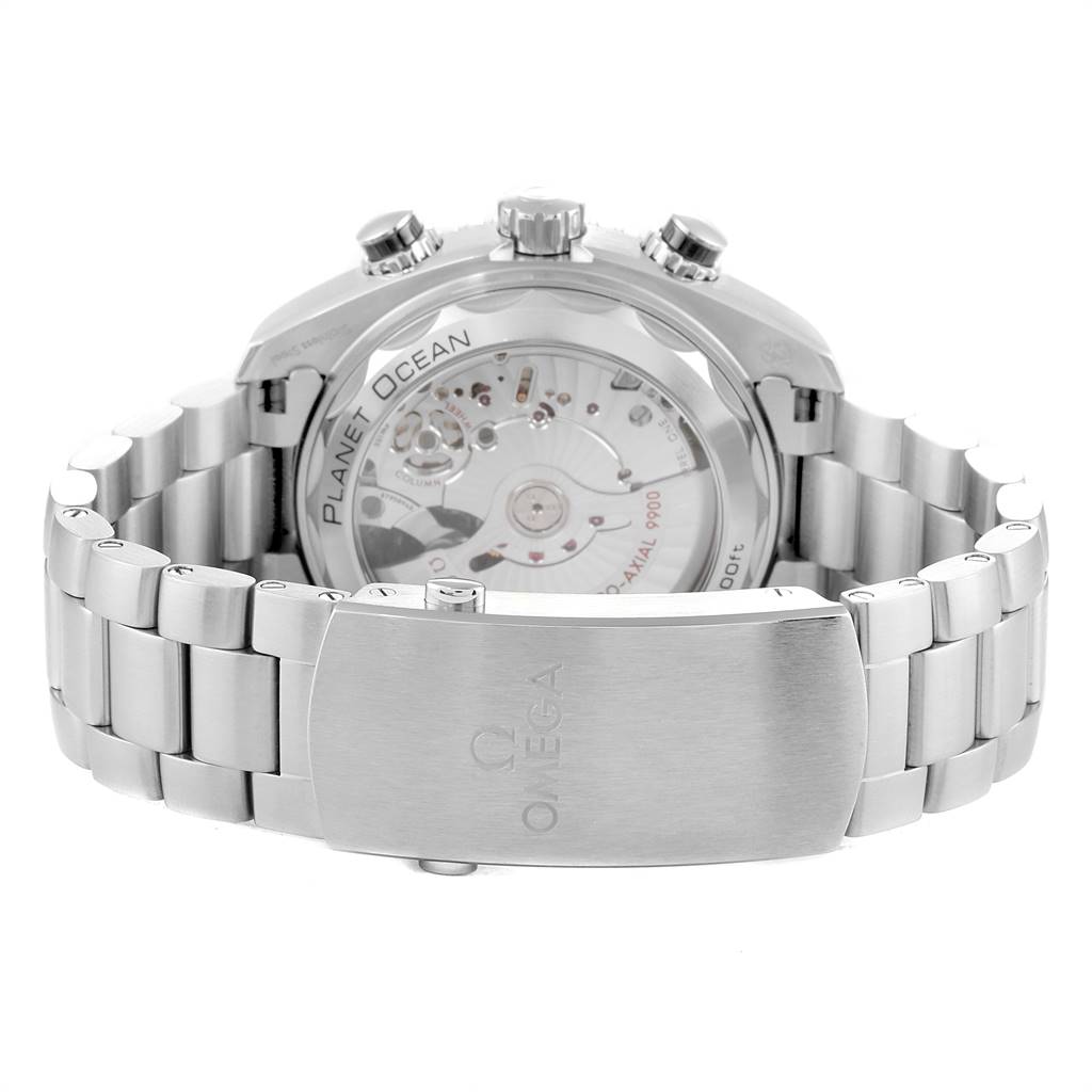 The image shows the back view of an Omega Planet Ocean 215.30.46.51.01.001 Men
s Stainless Steel Black Dial 215.30.46.51.01.001 Men
s Stainless Steel Black Dial watch, highlighting the clasp, bracelet, and visible movement.