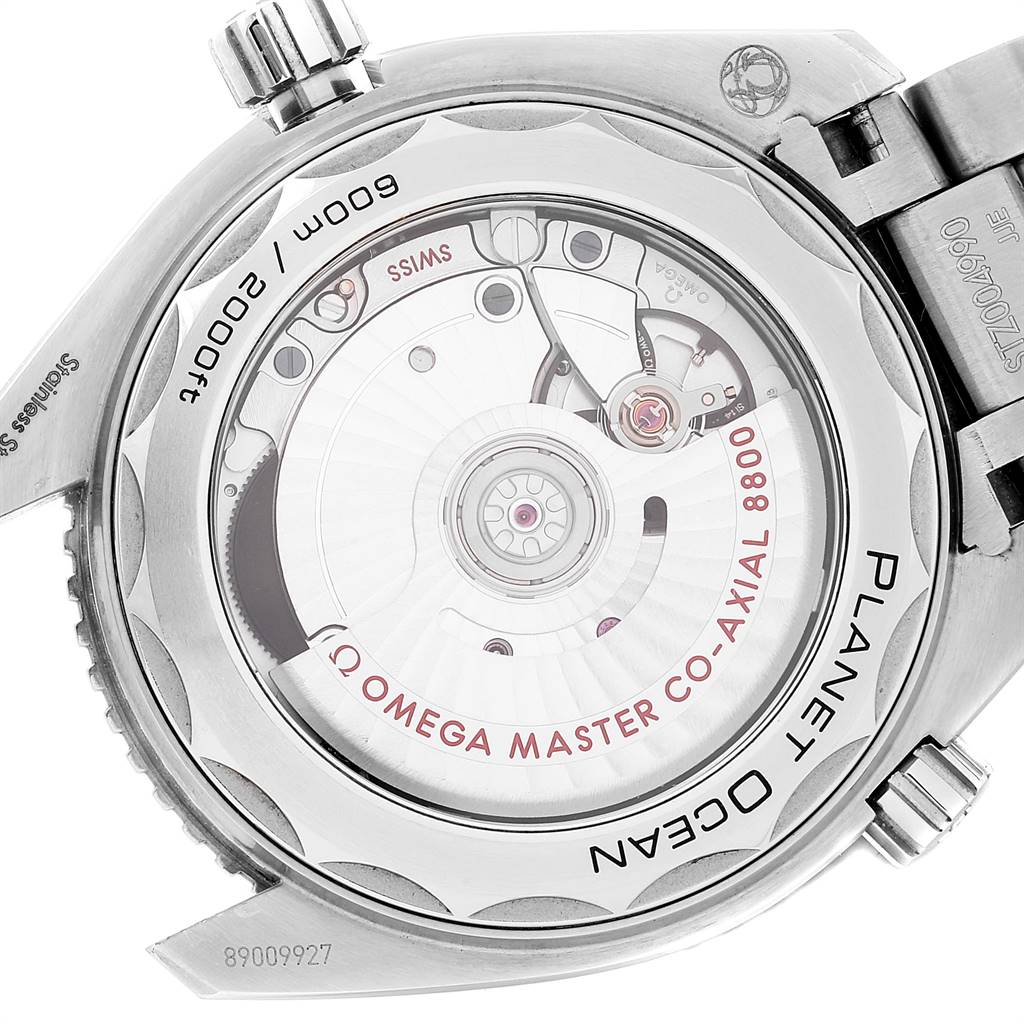 The image shows the case back of the Omega Planet Ocean 215.30.40.20.03.001 Men
s Stainless Steel Blue Dial 215.30.40.20.03.001 Men
s Stainless Steel Blue Dial watch, revealing the Omega Master Co-Axial 8800 movement.