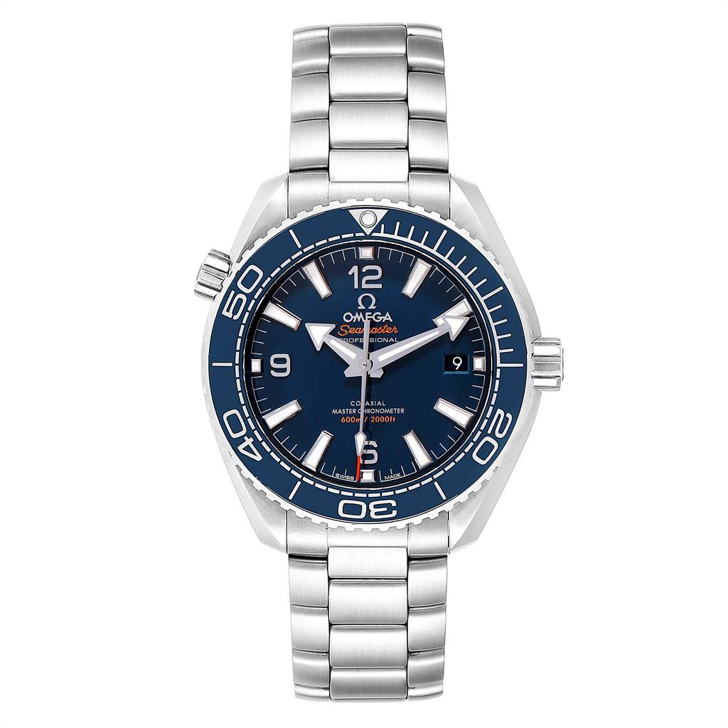 The Omega Planet Ocean 215.30.40.20.03.001 Men
s Stainless Steel Blue Dial 215.30.40.20.03.001 Men
s Stainless Steel Blue Dial watch is shown from a front-facing angle, displaying its dial, bezel, and bracelet.