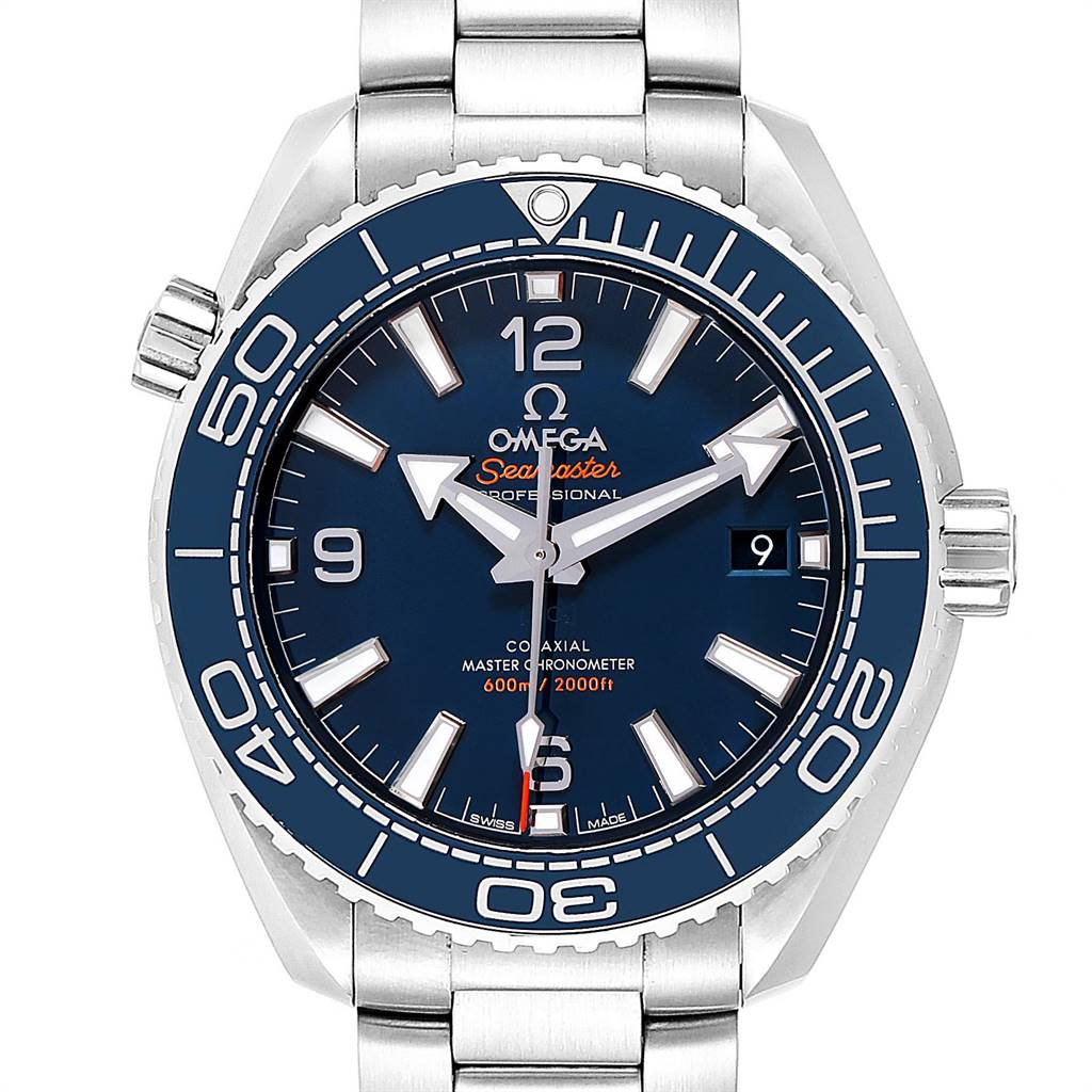 The image shows a front view of the Omega Planet Ocean 215.30.40.20.03.001 Men
s Stainless Steel Blue Dial 215.30.40.20.03.001 Men
s Stainless Steel Blue Dial watch, displaying the dial, bezel, case, and part of the bracelet.
